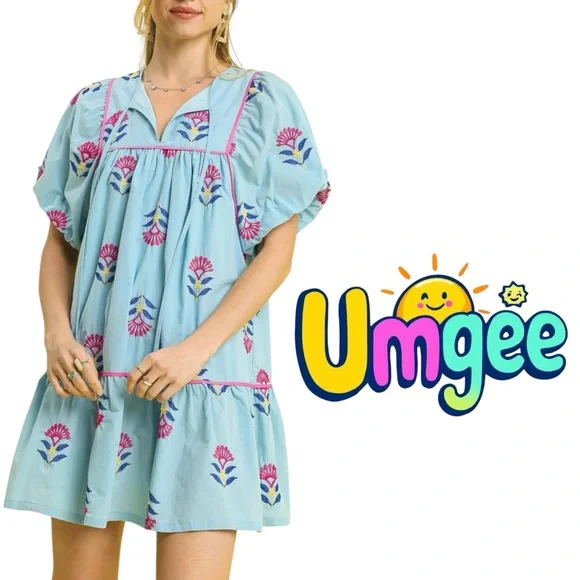 Umgee Retro Mod Blue Floral Embroidered Babydoll Dress Size Small - Picture 2 of 8